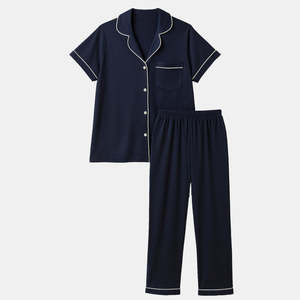 Conjunto de Pijama de 2 Piezas para Mujer, Color Azul Marino, Manga Corta, Cuello en V, Tejido de Algodón Suave, Estilo Clásico Informal para Primavera - Product Image 4