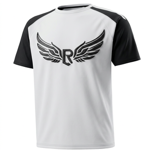 เสื้อยืดแขนราแกลนสีขาวดำสำหรับผู้ชาย ผ้าโพลีเอสเตอร์ 100% แห้งเร็ว ทรงปกติ คอกลม ลำลอง สีพื้น ดีไซน์แบบบล็อกสี - Product Image 2