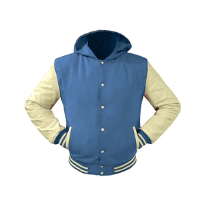 Custom <b>Light</b> Blue Wool Body and Cream Leather Sleeves Hooded Varsity <b>Jacket</b> - Product Image 1