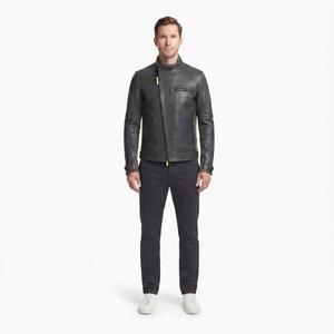 Men's Leather Moto Jacket Full Sleeve Windproof Sustainable Water-resistant Modular Inner <b>Harness</b> All Seasons <b>Black</b> Neon Zip - Product Image 1
