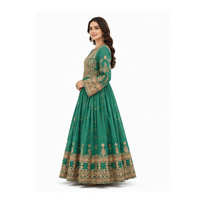 Manufactures <b>Green</b> <b>Silk</b> Embroidered Traditional Indian Pakistani Women's Loose Fit Floor Length Wedding Dress Afghan Kuchi Dress - Product Image 3