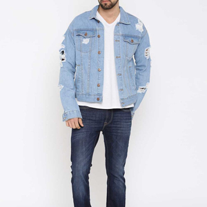 <b>Men's</b> <b>Light</b> Blue Distressed Denim <b>Jacket</b> Casual Turn-down Collar Regular Fit Single Breasted Frayed Details Spring Wear - Product Image 3