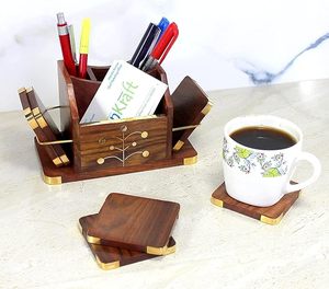 Posavasos de Madera de Sheesham, Soporte para Móvil, Portalápices, Organizador de Mesa Multiusos, Artículo de Regalo Hecho a Mano - Product Image 2