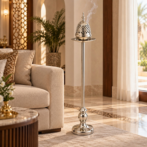 Élégant brûleur de Bakhoor arabe |   Mabkhara sur pied en acier inoxydable, à treillis ouvert et dôme, porte-encens Oudh, décoration Majlis Ramadan - Product Image 4