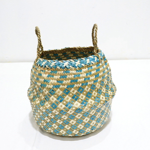 Panier de rangement rond en feuille de palmier naturelle, durable et tendance, écologique, bleu, panier à linge, sac tissé à la main - Product Image 4