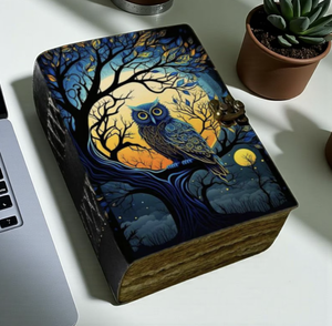 NEW ERA Vintage UV Print Leather Hardcover Thread Sewing Journal Diary Owl Cover Deckle Edge 100 Sheets Black Gift - Product Image 1