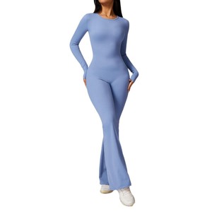 Combinaison évasée à dos ouvert pour femme, ensemble de yoga une pièce, tenue de sport sexy à manches longues, ensemble de yoga évasé - Product Image 1