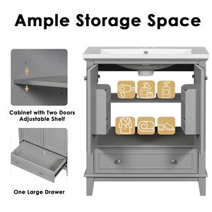 Mobile da Bagno Multifunzionale con Base in MDF da 30 Pollici, Solo Base con Ante e Cassetto, Senza Lavabo - Product Image 3