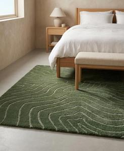 Alfombra de Lana Hecha a Mano de Color Verde Oliva, Antideslizante, con Diseño Abstracto para Decoración de Sala de Estar - Product Image 2
