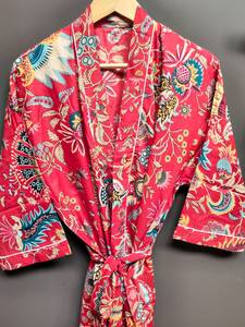 Bata Kimono de Algodón 100% Tejido con Estampado de Dibujos Animados para Mujer, Camisón de Verano Hecho a Mano, Cuello en V, Cintura Elástica, Largo Completo, Suave - Product Image 4