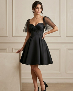 Robe de soirée noire en satin pour femme, col cœur, corset, manches en résille, coupe trapèze courte, pour bal de promo et soirées - Product Image 6