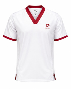 DRAVELLE T-shirt d'entraînement d'arts martiaux unisexe blanc à col en V avec bordure rouge, haut respirant en polyester - Product Image 1