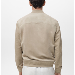 <b>Men's</b> Beige <b>Suede</b> Bomber <b>Jacket</b> Stand Collar Zipper Closure Casual Regular Fit Autumn Wear - Product Image 2