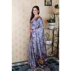 Sari en soie tussar gris abstrait doux tissé Elite Weaves, imprimé Zari, robe de soirée pour fêtes 450g - Product Image 3