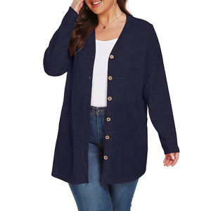 Cardigan en tricot à col en V pour femme, avec logo personnalisé, épais, à manches longues, couleur unie, boutonné sur le devant, décontracté, longueur intégrale, grande taille - Product Image 4