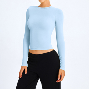 Haut court à manches longues pour femme, col rond, couleur unie, tricoté, extensible, coupe ajustée, pour le yoga et l'entraînement - Product Image 6