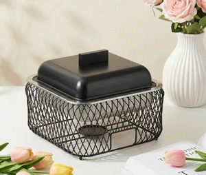 Casserole rectangulaire en acier inoxydable avec poignées dorées, couvercle à motif de feuille de Ginkgo gravé au laser, chauffe-plat - Product Image 6