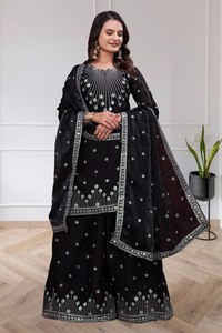 Ensemble de salwar kameez traditionnel indien pakistanais pour femmes, en soie Fendy brodée noire, longueur au sol, avec dupatta, pour les occasions de mariage - Product Image 1