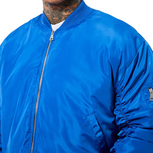 Men's Blue Bomber Jacket Solid Color Zipper Closure Casual Windproof Polyester Outerwear Autumn Wear - Product Image 3