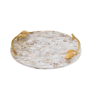 Handcrafted Oval Mother Of Pearl Serving Tray With Brass Leaf <b>Handles</b> Decorative Tray For Home Dining Hotel Use Tea Coffee Gifts - Product Image 1