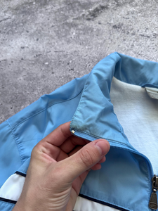 Men's Light Blue Windproof <b>Racer</b> <b>Jacket</b> With White Stripes And Patch Design Stand Collar Zipper Closure Spring Sporty Style - Product Image 3