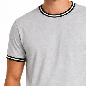 เสื้อยืดคอกลมคลาสสิค สีเทาอ่อน ลายทางสีดำ คอริบ แขนสั้น เสื้อยืดลำลอง - Product Image 3
