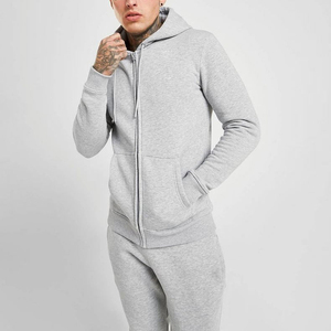 Men's Gray <b>Hooded</b> Tracksuit Full <b>Zip</b> Sweat Suit Joggers Set Solid Plain Color Casual Winter Wear Breathable 100% Cotton Fleece - Product Image 2