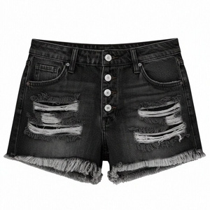 Short en jean déchiré taille haute vintage pour femme, coupe droite, ourlet effiloché, boutons sur le devant, poches, idéal pour l'été et la plage - Product Image 5