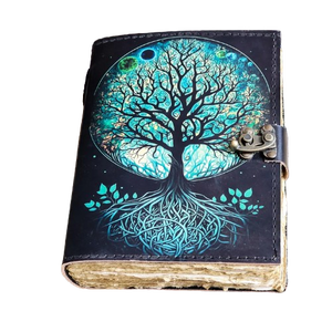Mini Diario de Cuero Hecho a Mano 5x7, Diseño Árbol de la Vida y Fases Lunares, con Lápiz, Ecológico, para Viajes - Product Image 1