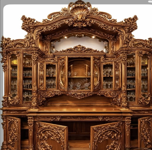Dark teak wooden vanity console <b>table</b> with intricate pinecone carvings and mirror, available at wholesale prices. - Product Image 4
