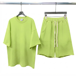 Conjuntos cortos de hombre más vendidos con hombros caídos, 100% algodón jersey 280GSM, ajuste holgado, lisos, con lavado ácido y estilo oversized. - Product Image 6
