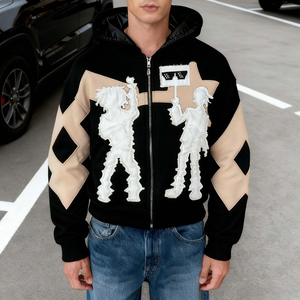 เสื้อฮู้ดดี้ผู้ชายแบบสั่งทำพิเศษ OEM ผ้าหนา แต่งซิป ปักลาย ตกแต่งแบบดิสเทรส ทรงโอเวอร์ไซส์ สไตล์สตรีทแวร์ ผ้าซาติน น้ำหนัก 500 กรัม พร้อมลายกราฟิก - Product Image 6