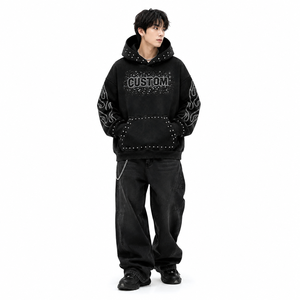 Sudadera con Capucha Personalizada con Logotipo de Pedrería, Estilo Urbano, Vintage, Lavado Ácido, Oversize, con Tachuelas, de Forro Polar Pesado de Algodón para Hombre - Product Image 1
