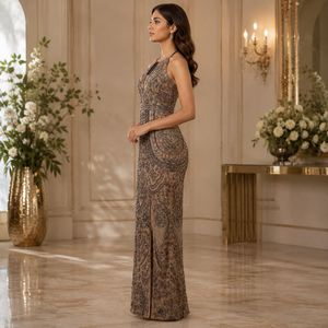 Luxury Champagne Embellished Halter Neck Evening Gown for Women Beaded <b>Sequin</b> Mermaid Party Dress Formal Wedding Reception Wear - Product Image 4