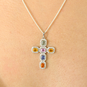 18K <b>Solid</b> White <b>Gold</b> Multi Sapphire Cross <b>Pendant</b> - Product Image 5