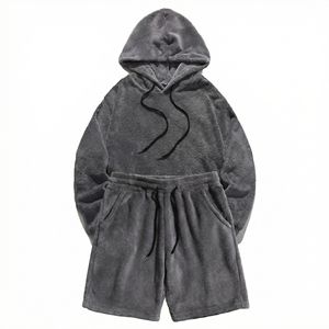 Ensemble sweat à capuche et short gris pour homme en molleton ultra-doux, tissu pelucheux, cordon de serrage réglable, coupe décontractée, chaud et confortable, style loungewear - Product Image 5