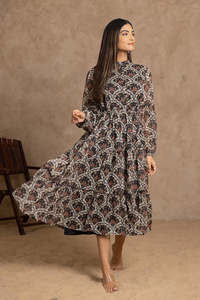 Robe longue en mousseline à imprimé floral et col montant, avec manches lanternes, coupe trapèze ample, style bohème, robe décontractée d'automne, magnifique robe - Product Image 4