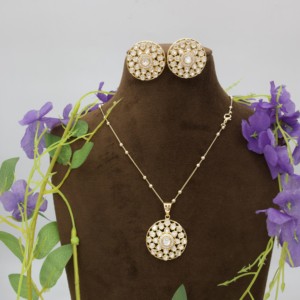 Elegant Brass Gold Plated Round Floral Moissanite Pendant <b>Chain</b> Necklace Set Matching <b>Stud</b> <b>Earrings</b> Women's Anniversary Jewelry - Product Image 5