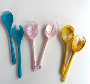 Juego de 6 piezas de cuchara para servir y tenedor para ensalada de resina marmoleada de 3 colores, para postres, a precio económico. - Product Image 1