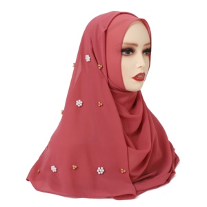 Nouveau design, vente en gros, tudung premium, châle de prière musulman pour femmes, couleur unie, en mousseline de soie, avec perles et strass, hijab, écharpe - Product Image 1
