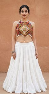 Halter Neck Mirror Work Blouse With Rayon Ghaghra Kodi Lace Backless Design Navratri Festival Wear Pair Set - Product Image 2