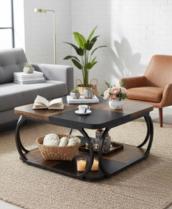 Minimalist Furniture Century Style <b>Walnut</b> Coffee <b>Table</b> Black Metal Frame Modern Living Room Center <b>Table</b> Rectangular Wood Top - Product Image 3