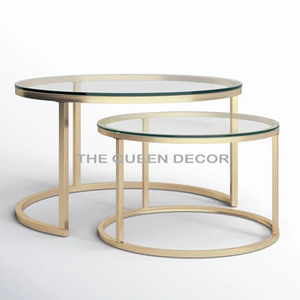 Table basse ronde moderne en or avec plateau en verre et structure en métal, montage facile, style classique, table gigogne pour salon - Product Image 4