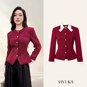 เสื้อเบลเซอร์สีแดงสำหรับผู้หญิง พร้อมปกปีเตอร์แพนสีขาวแบบถอดได้ แขนยาว ติดกระดุม ผลิตจากโพลีเอสเตอร์ สไตล์ออฟฟิศ ยี่ห้อ KIVRA - Product Image 1