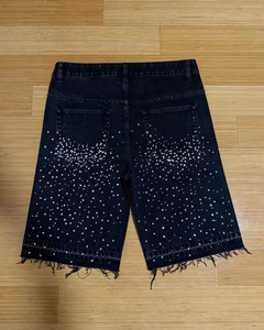 Shorts en jean vintage Y2K personnalisés avec patchs en strass, double poche, shorts en jean pour hommes, shorts en jean noirs hip hop - Product Image 6