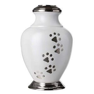 Urne funéraire blanche avec couvercle, motif empreinte de patte argentée, faite à la main, designs personnalisables, pour animaux de compagnie, conteneur pour cendres, urne/bocal pour animaux. - Product Image 1