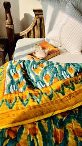 Hand Block Printed Modern Luxury Designer Vibrant Mustard & Teal Floral Hand-block Printed 100% Cotton <b>Quilt</b> For Home <b>Bedding</b> - Product Image 5