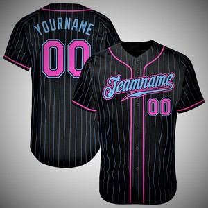 Maillot de baseball personnalisé anti-bactérien à rayures fines, noir, rose, bleu, avec nom et numéro, tenue d'équipe, manches courtes, boutons sur le devant, OEM - Product Image 1