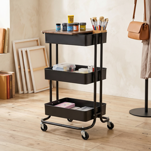 Three-Layer Metal Rolling Storage Cart With Wooden Top Minimalist Design For Home Office Organization - Product Image 1