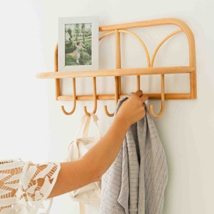 Modern rattan wood <b>shelves</b> for home decor wholesale top quality wall <b>shelf</b> with clothes hanging <b>hooks</b> - Product Image 4
